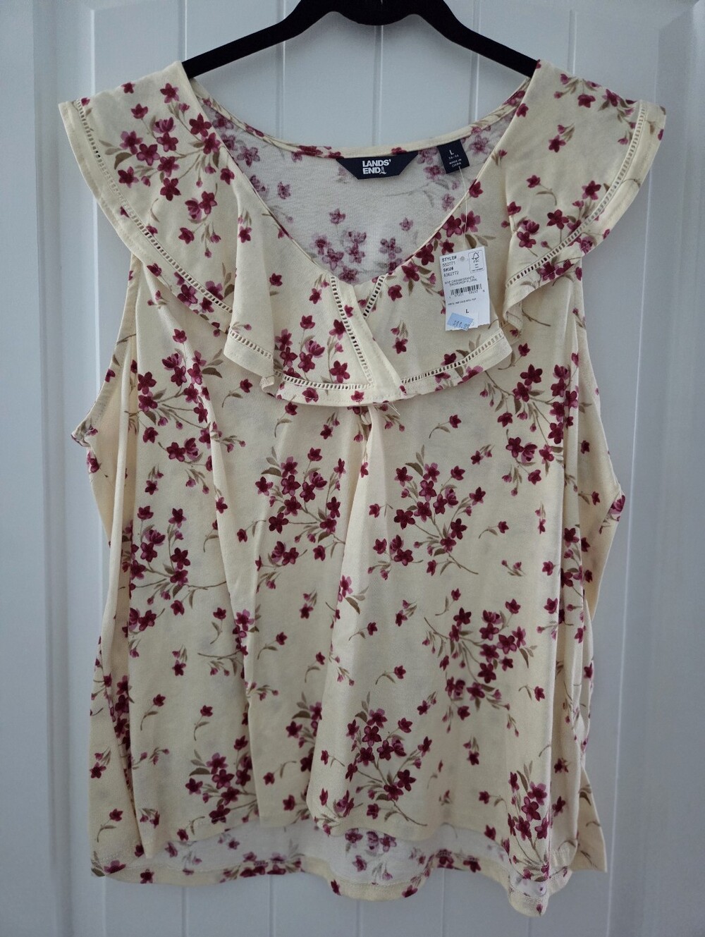 Lands' End Cream Floral Ruffle Neck Sleeveless Top